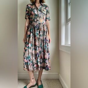 Vintage Together Midi Dress Sage Green Floral 100% Rayon Cottage Trad Wife 90s